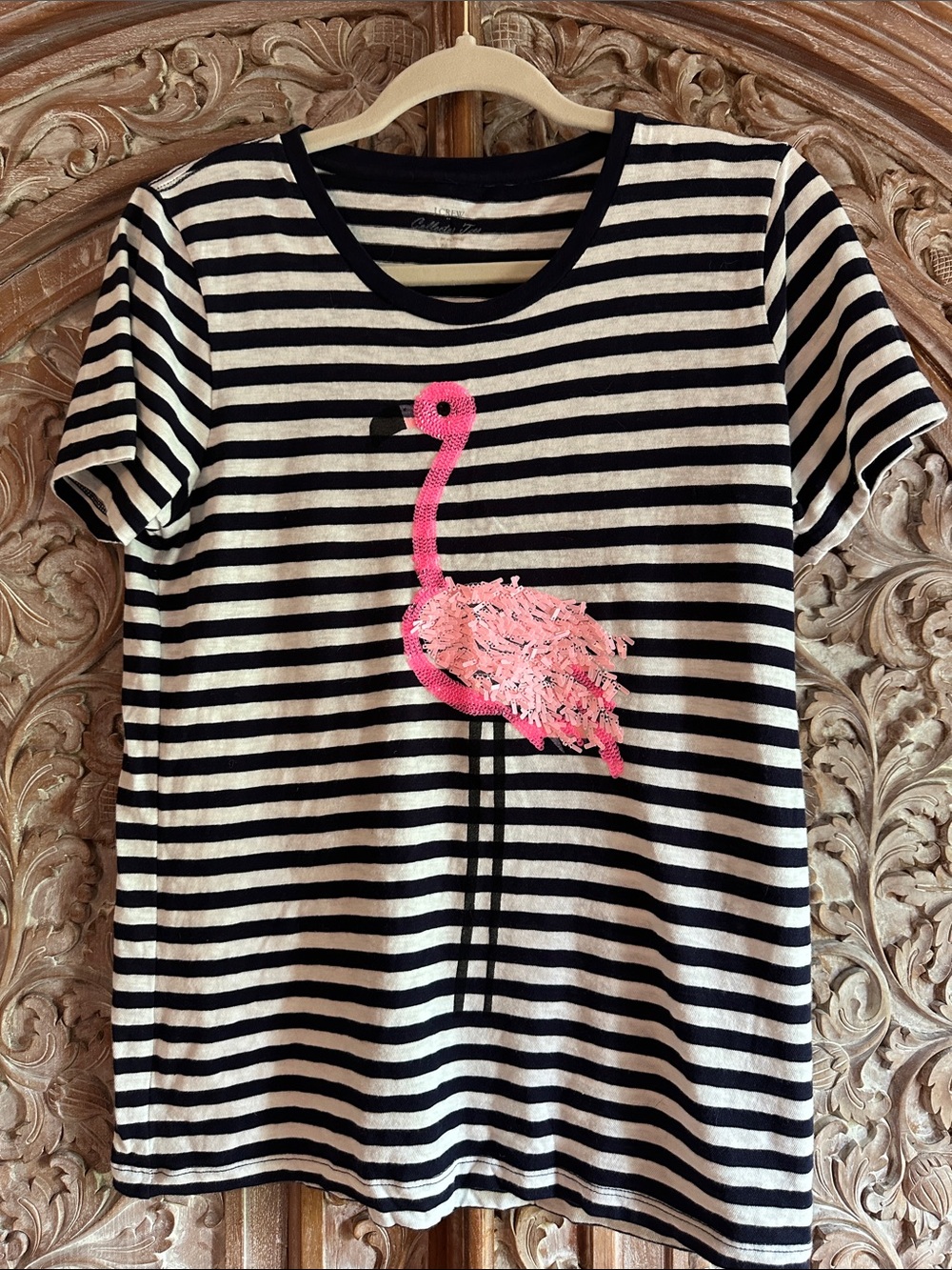 J. Crew Navy and White Striped Tee Flamingo